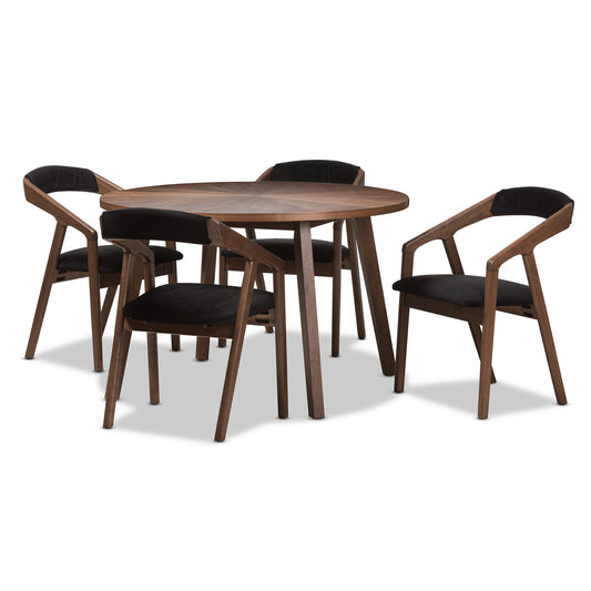 Wendy Dining Set Mid-Century Modern Design Black Fabric Upholstery Walnut Wood Finish