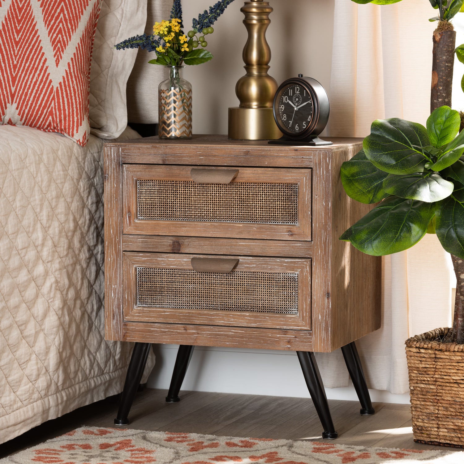 Calida End Table - Mid-Century Modern Design in Whitewashed Natural Brown Wood and Rattan with 2 Storage Drawers