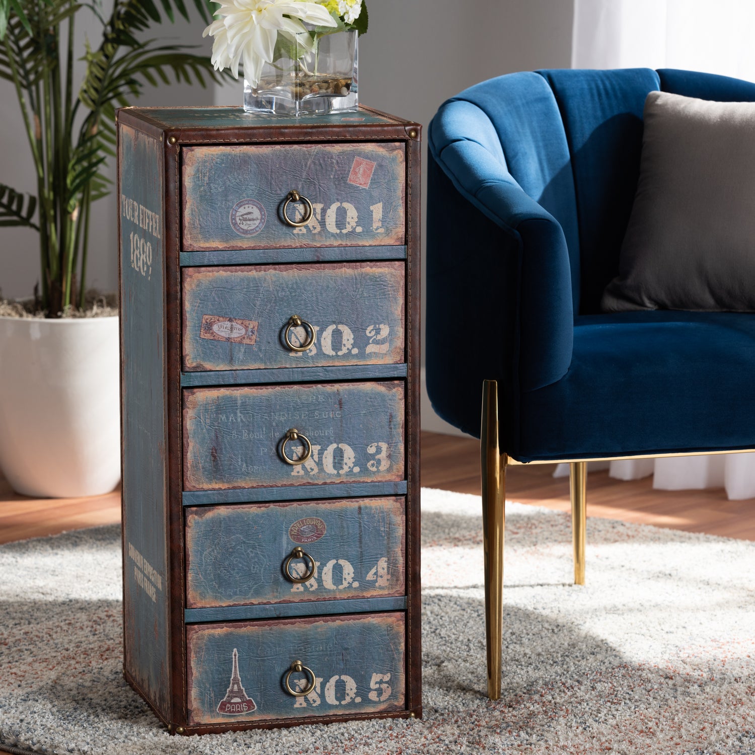 Alba Accent Storage Cabinet Vintage Rustic French Inspired Blue Wood with 5 Drawers for Stylish Organization and Home Decor