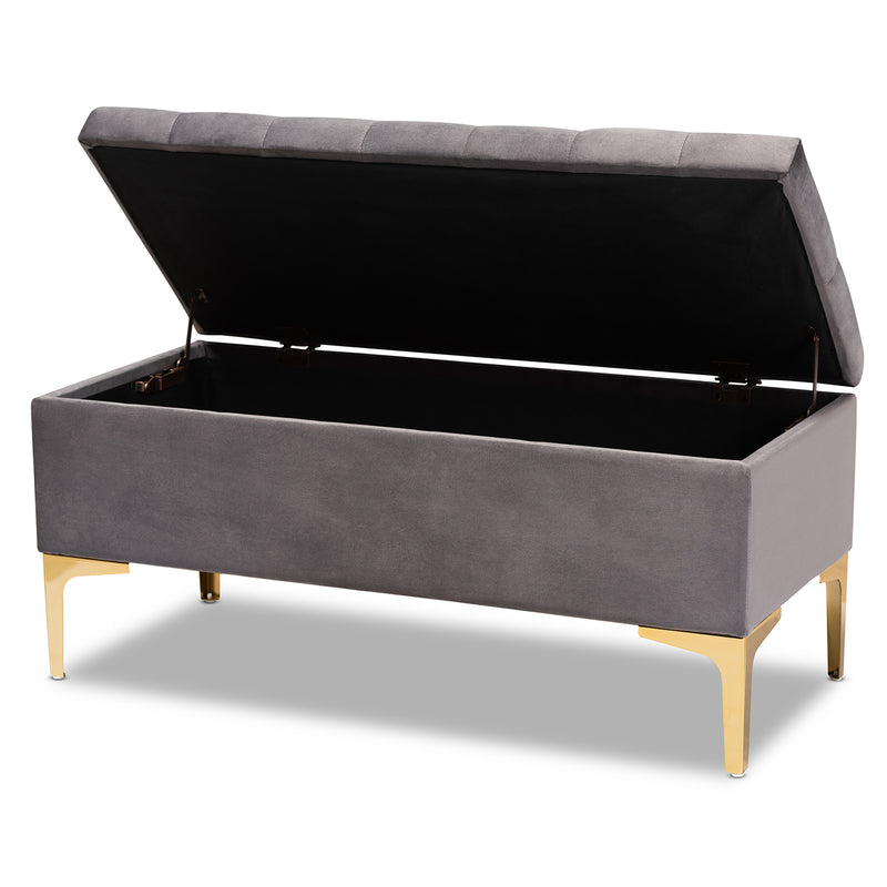 Valere Ottoman Glam and Luxe Grey Velvet Fabric Upholstered Gold Finished Button Tufted Storage