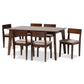 Camilla 7-Piece Dining Set in Mid-Century Modern Style with Warm Grey Fabric and Dark Brown Wood Finish