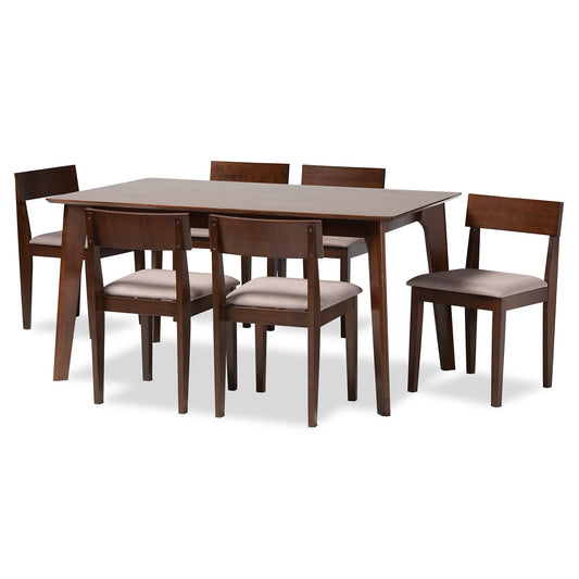 Camilla 7-Piece Dining Set in Mid-Century Modern Style with Warm Grey Fabric and Dark Brown Wood Finish