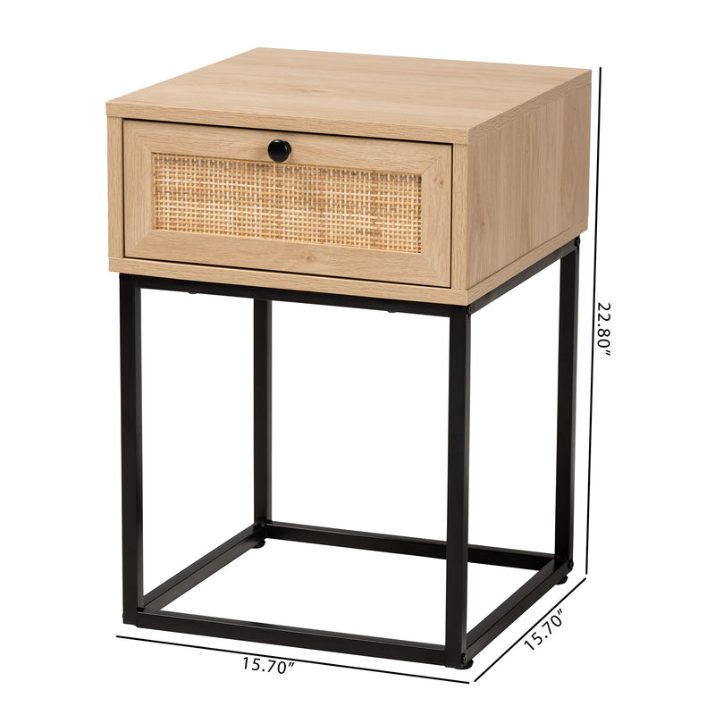 Amelia End Table Mid-Century Modern Design with Natural Brown Wood and Rattan, Featuring 1 Storage Drawer