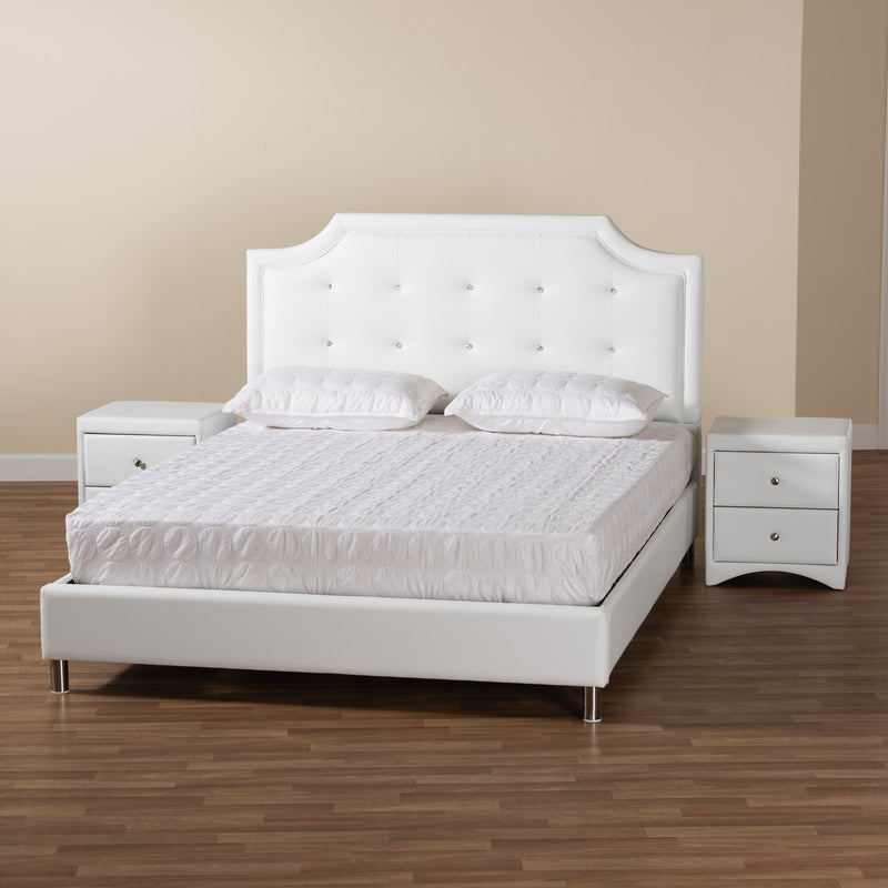 Carlotta Contemporary Glam Bedroom Set - White Faux Leather Upholstered 3-Piece