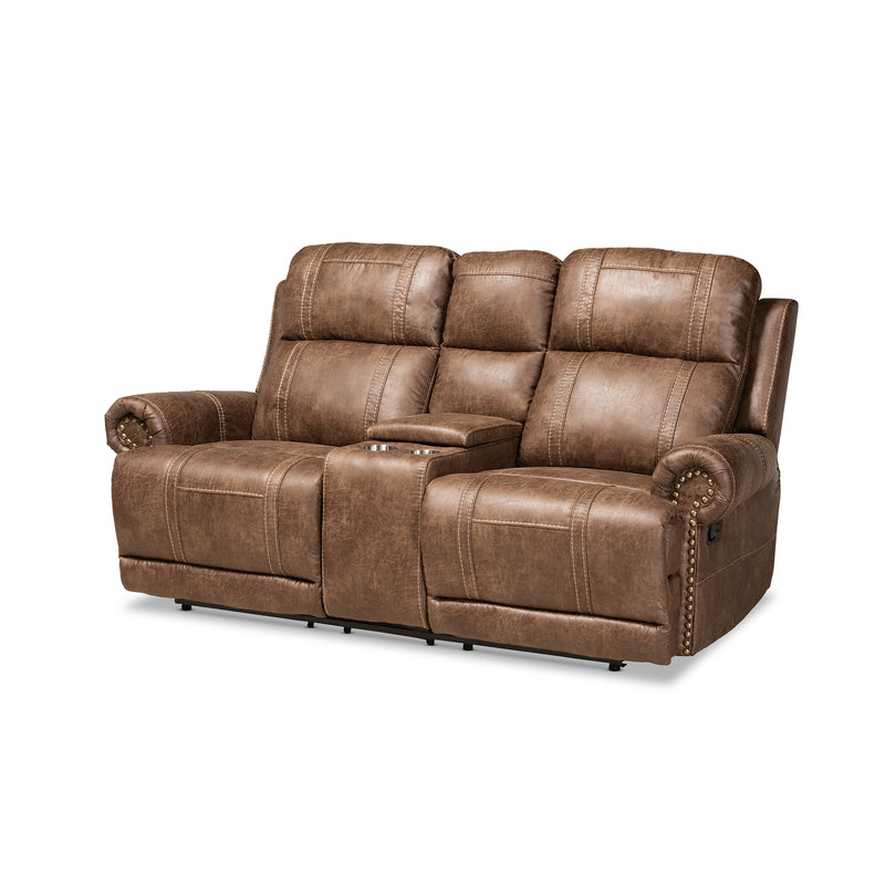 Buckley Reclining Loveseat Modern Light Brown Faux Leather Upholstered 2-Seater with Console for Ultimate Comfort and Style