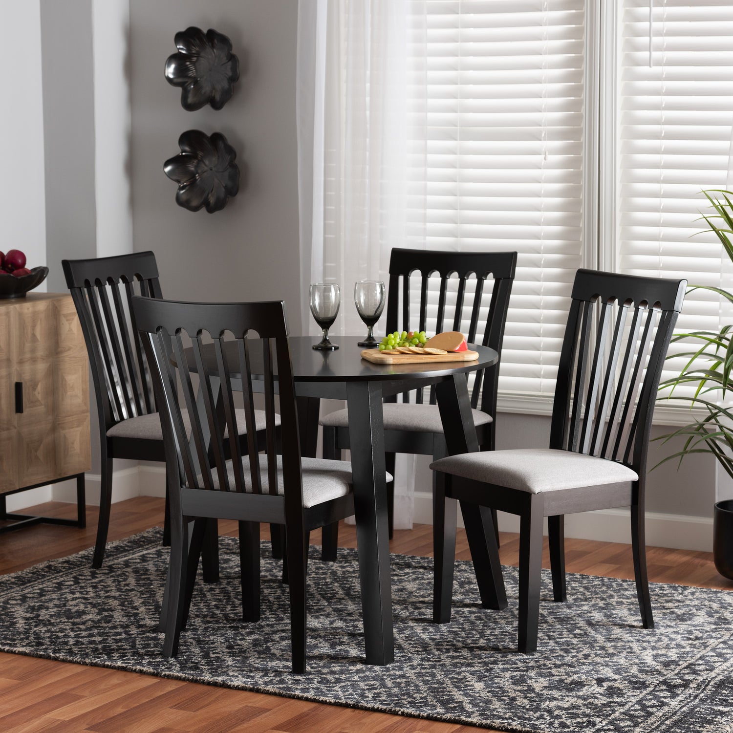 Nina 5-Piece Dining Set in Modern Grey Fabric and Espresso Brown Wood for Stylish Dining Rooms