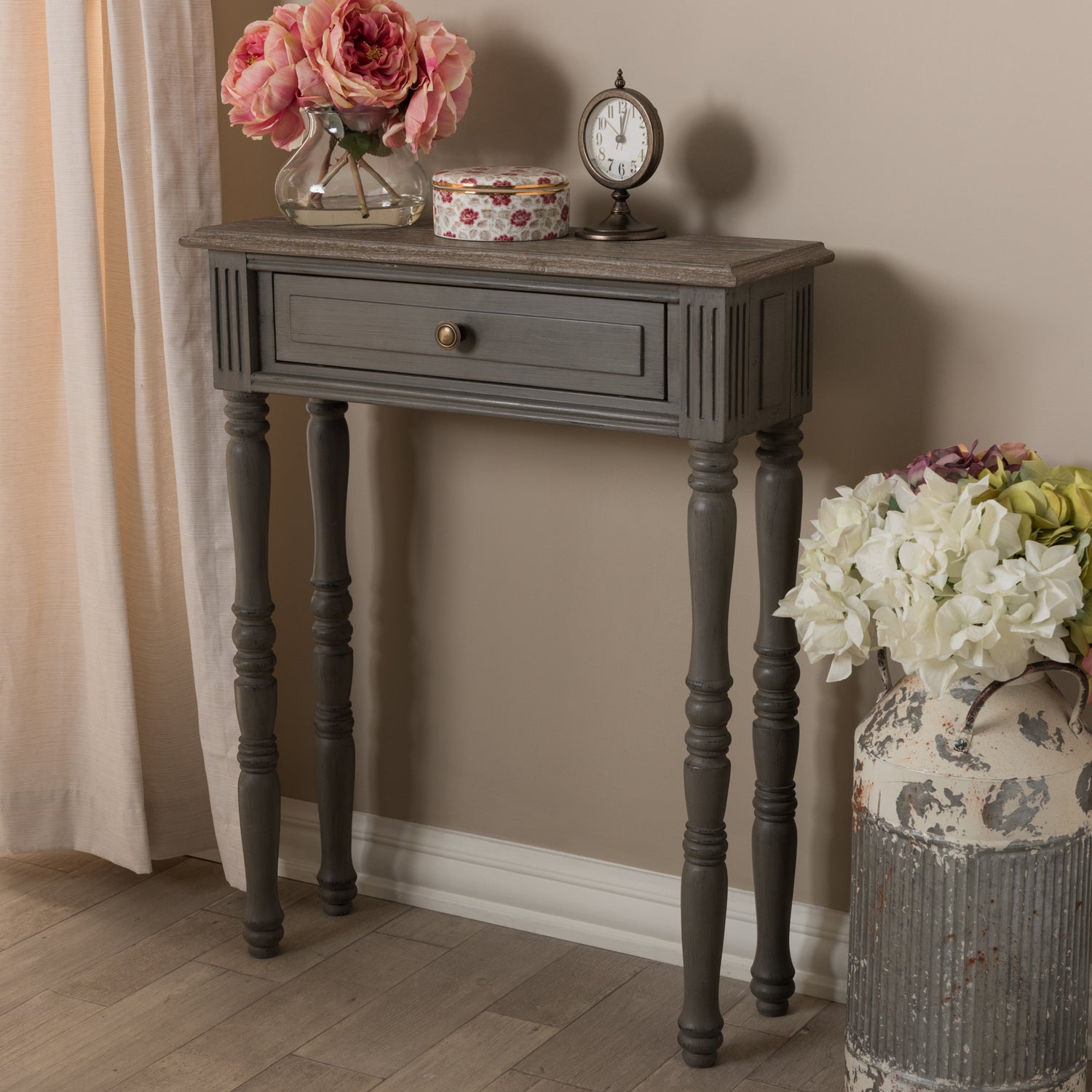 Noemie Console Table Country Cottage Farmhouse Style Brown Finish with 1 Drawer for Storage