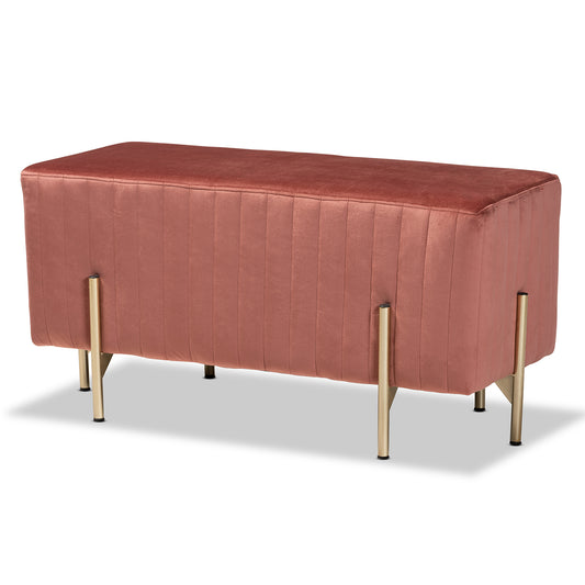 Helaine Bench Ottoman Contemporary Glam and Luxe Blush Pink Fabric Upholstered Gold Metal