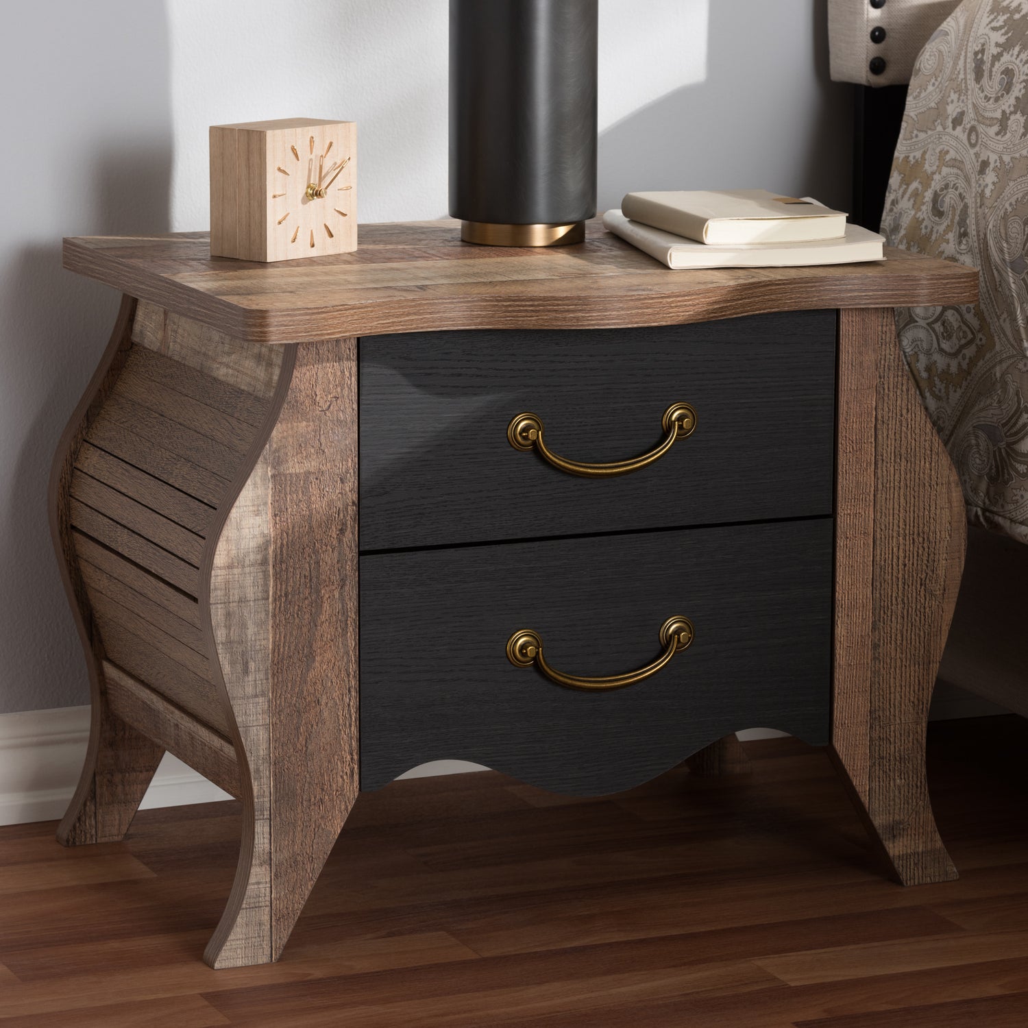 Romilly Nightstand Country Cottage Farmhouse Style Black and Oak-Finished Wood 2 Drawers for Storage and Rustic Charm