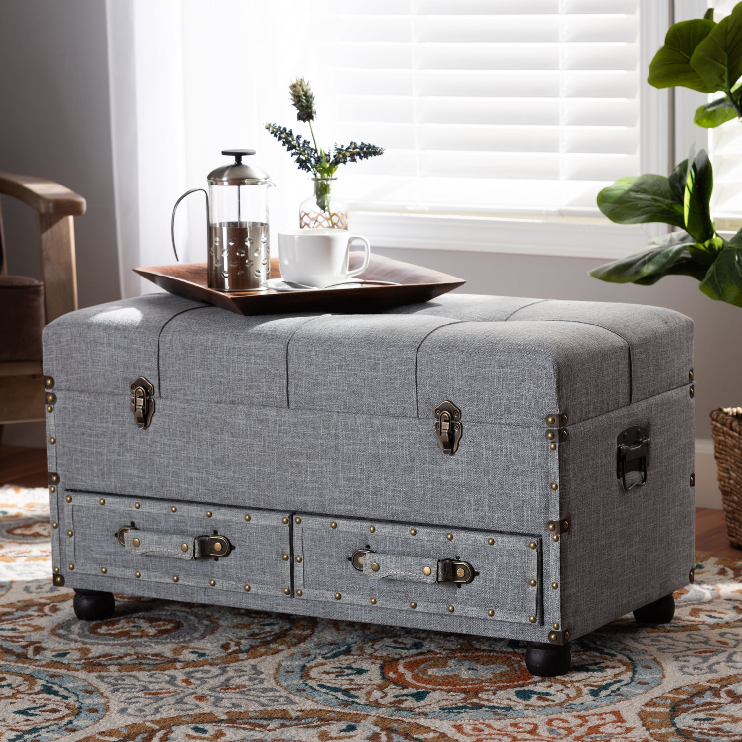 Flynn Modern Transitional Ottoman Grey Fabric Upholstered Storage Trunk with 2 Drawers for Stylish Organization and Versatile Seating