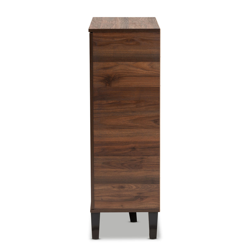 Idina Shoe Cabinet Mid-Century Modern Two-Tone Walnut Brown and Grey Finished Wood 1-Door