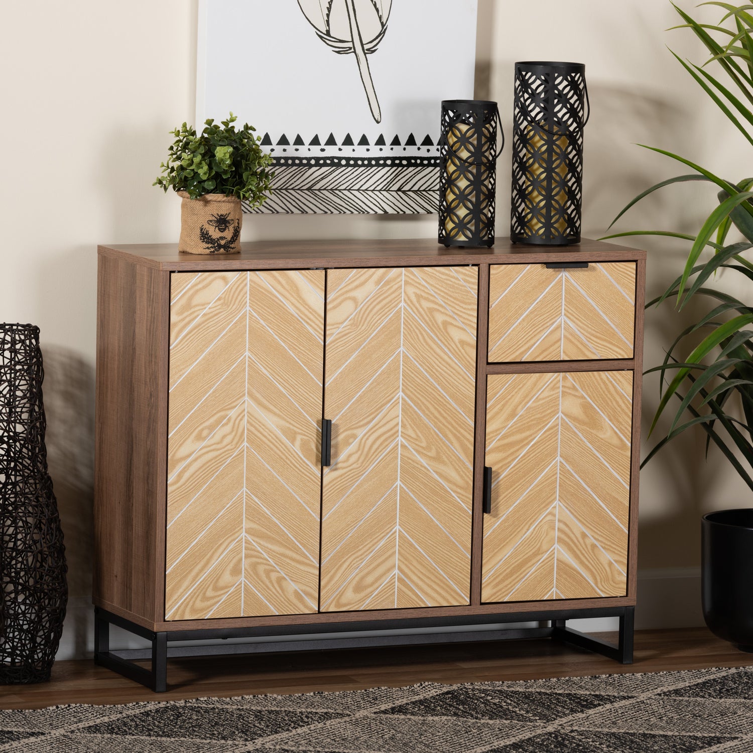 Josephine Sideboard Mid-Century Modern Design with Two-Tone Walnut and Natural Brown Wood, Black Metal Accents, and 3 Doors for Storage