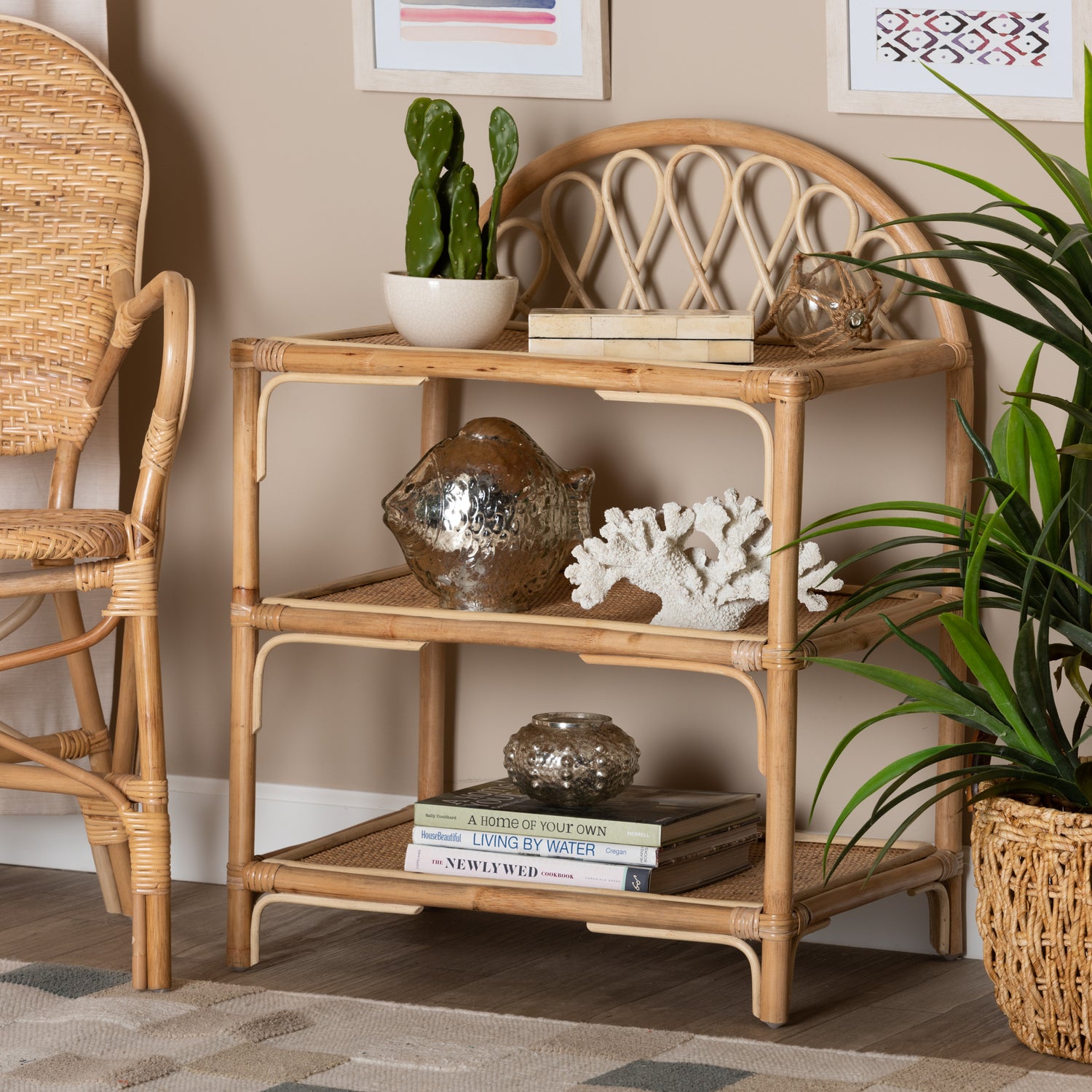 Redell Display Shelf Modern Bohemian 3-Tier Natural Brown Rattan Storage Unit for Home Decor and Organization