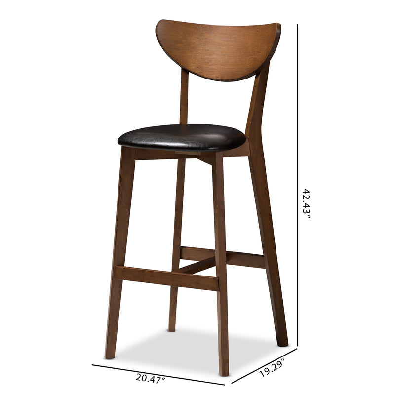 Eline Bar Stool Set of 2 Mid-Century Modern Black Faux Leather Upholstered Walnut Finish