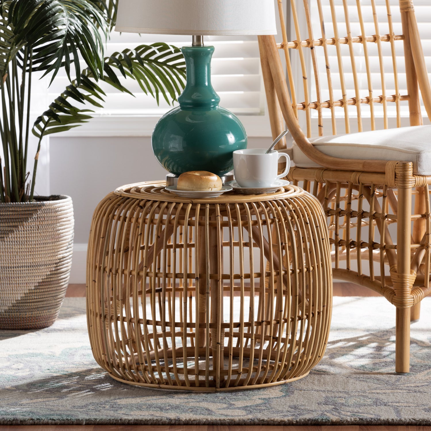 Maverick Modern Bohemian Rattan End Table in Natural Brown Finish - Stylish Accent for Living Room or Bedroom Decor