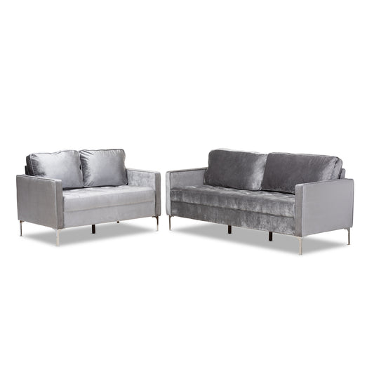 Clara Modern Contemporary 2-Piece Living Room Set in Grey Velvet Upholstery for Stylish Home Decor