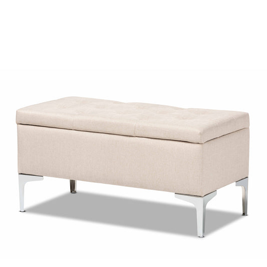 Mabel Ottoman Modern and Contemporary Transitional Beige Fabric Upholstered with Silver Finished Metal Storage