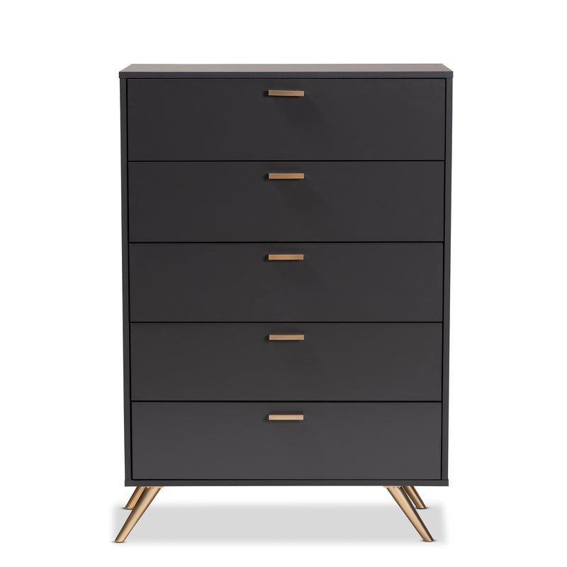 Kelson 5-Drawer Chest in Modern Dark Grey and Gold Finished Wood, Stylish Storage for Bedroom or Living Room