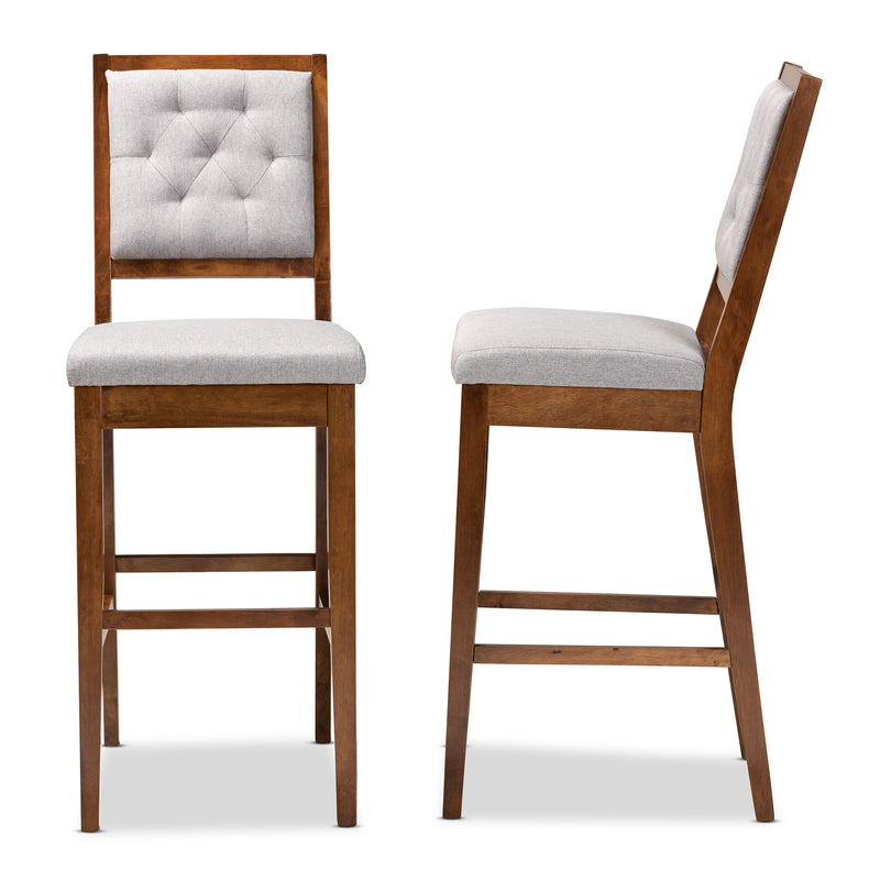 Gideon Bar Stool Set Modern and Contemporary Grey Fabric Upholstered Walnut Brown Finished Wood 2-Piece