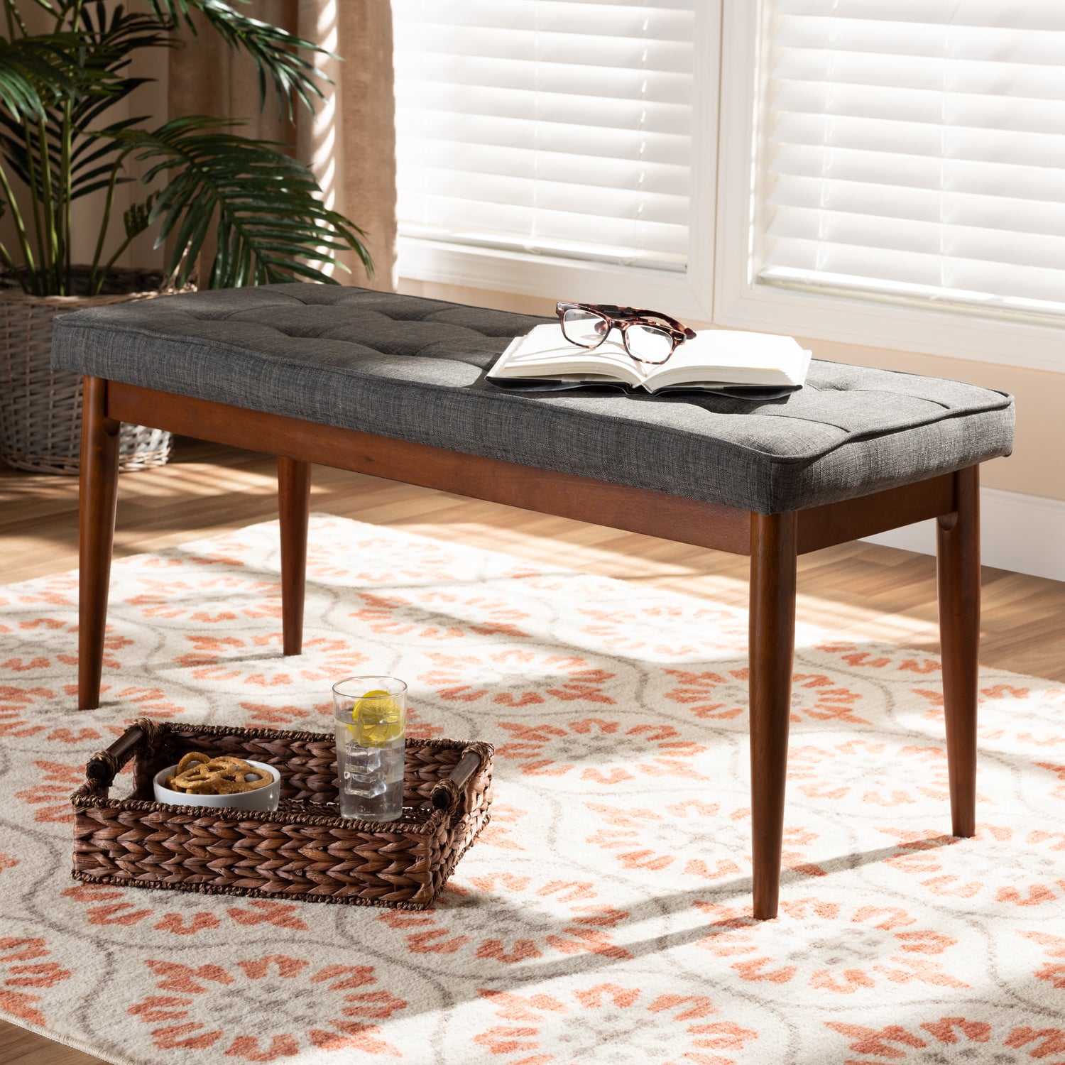 Itami Dining Bench Mid-Century Modern Dark Grey Fabric Upholstered Medium Oak Finished Wood