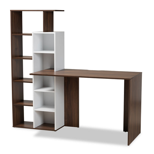 Rowan Computer Desk Modern Two-Tone Design in White and Walnut Brown Finish with Storage Shelves for Home Office or Study