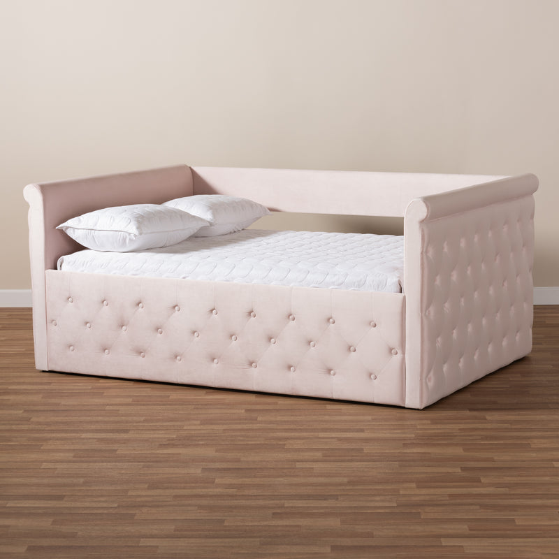 Amaya Full Size Daybed Modern Contemporary Light Pink Velvet Upholstered Design for Stylish Living Spaces