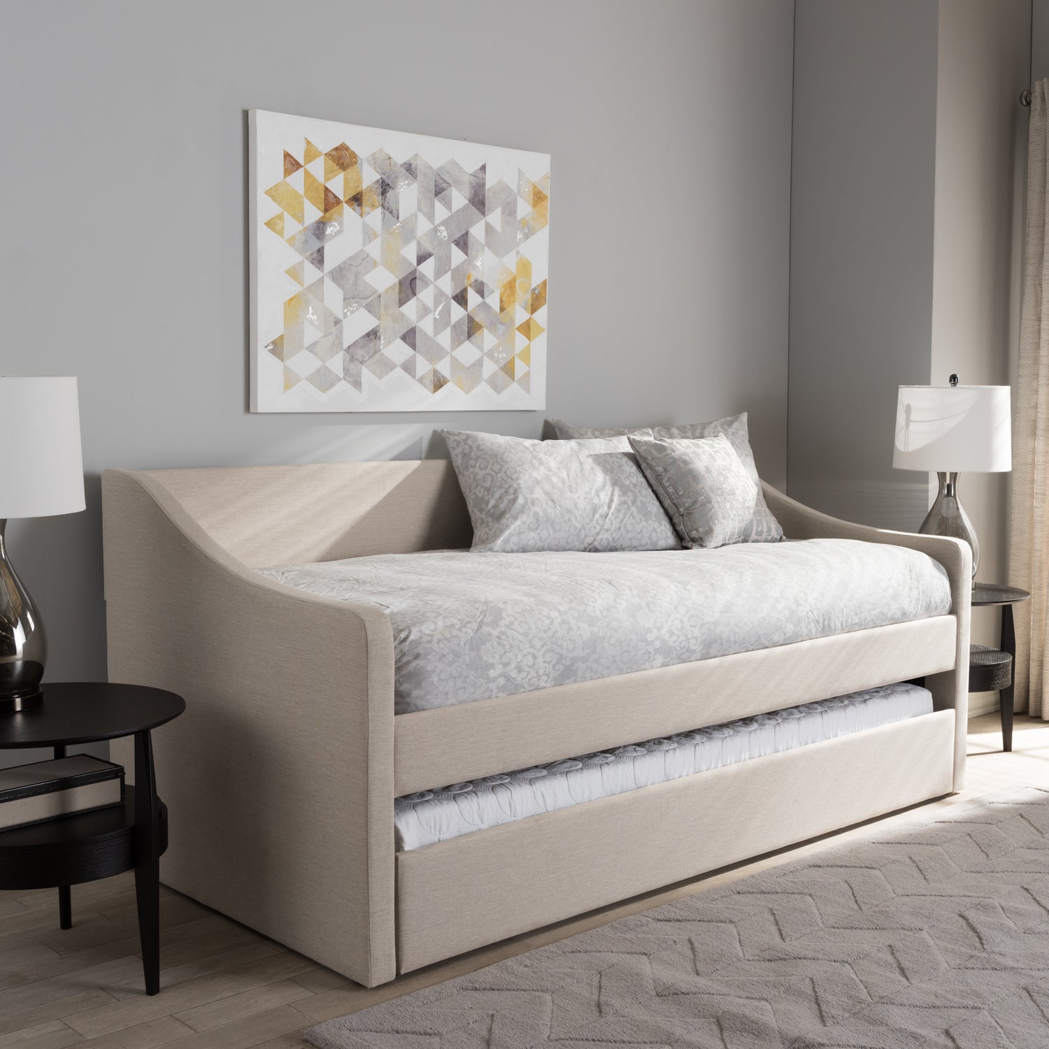 Barnstorm Daybed Modern and Contemporary Beige Fabric Upholstered with Guest Trundle Bed