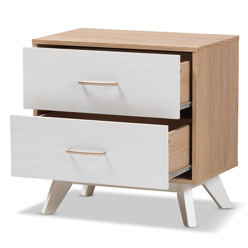 Helena Nightstand Mid-Century Modern Natural Oak and Whitewashed Wood 2-Drawer Design for Stylish Bedroom Storage