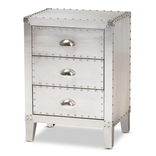 Claude French Industrial End Table with 3 Drawers in Silver Finish