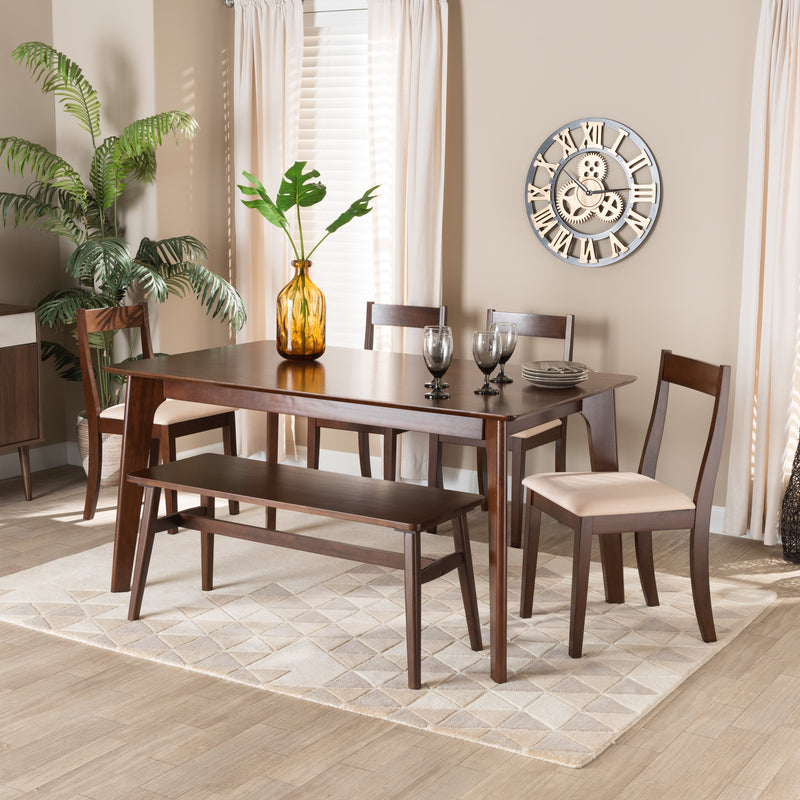 Carola Dining Set Mid-Century Modern Cream Fabric and Dark Brown Finished Wood 6-Piece