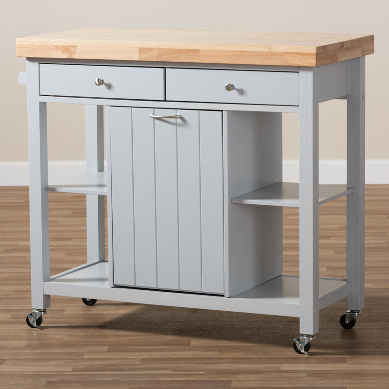 Hayward Kitchen Cart Coastal Farmhouse Style Light Grey Wood Mobile Storage Solution with Shelves and Wheels