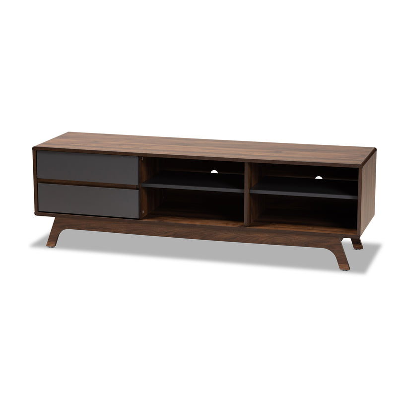 Koji TV Stand - Mid-Century Modern Two-Tone Grey and Walnut Wood with 2 Drawers for Stylish Living Room Storage