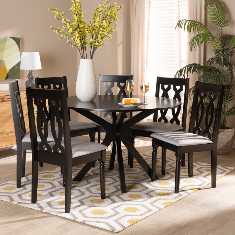 Callie Dining Set Modern Contemporary Grey Fabric Upholstered Dark Brown Finished Wood 7-Piece