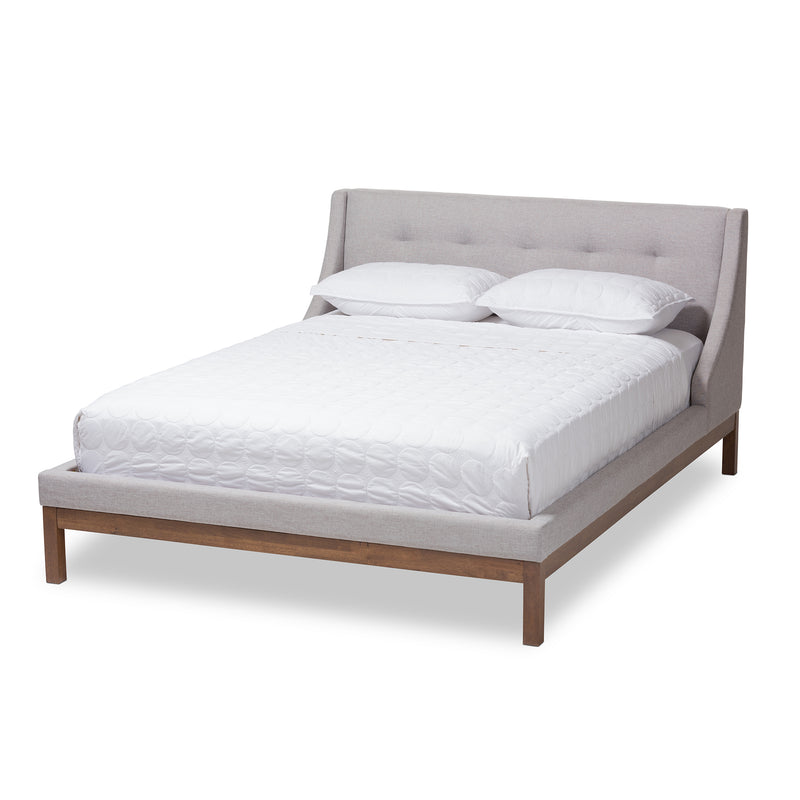 Louvain Platform Bed - Modern and Contemporary Greyish Beige Fabric Upholstered with Walnut Finish