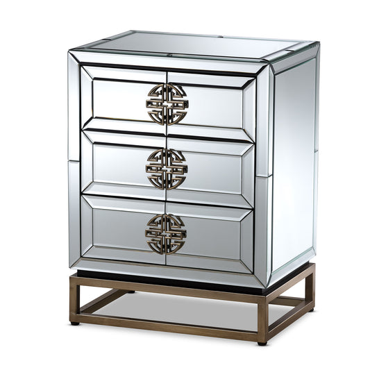 Laken End Table - Contemporary Glam Design with Mirrored and Antique Bronze Finish, Featuring 3 Stylish Storage Drawers