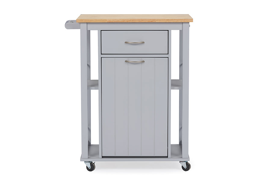 Yonkers Kitchen Cart Contemporary Light Grey Design with Wood Top for Stylish Storage and Mobility