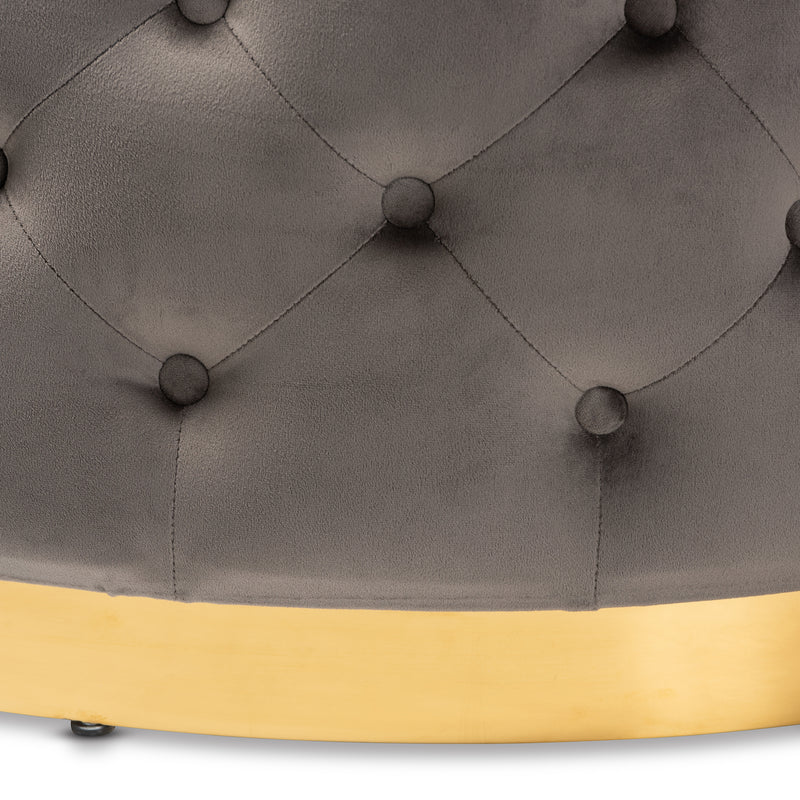 Sasha Glam Ottoman Grey Velvet Fabric Upholstered Gold Finished Round Cocktail