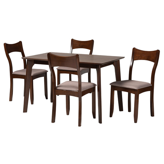 Adreana Dining Set Mid-Century Modern 5-Piece Collection with Warm Grey Fabric and Dark Brown Wood Finish