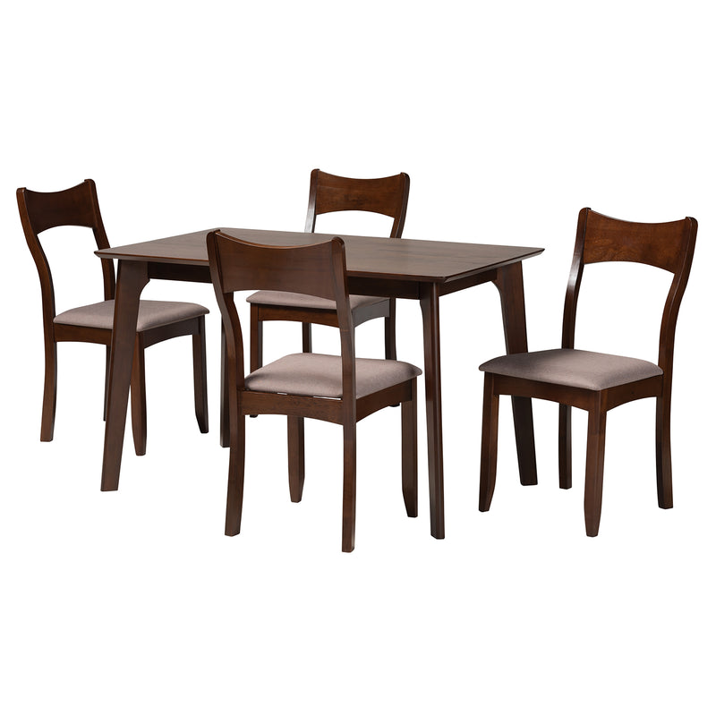 Adreana Dining Set Mid-Century Modern 5-Piece Collection with Warm Grey Fabric and Dark Brown Wood Finish