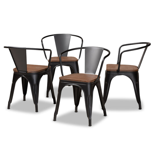 Ryland Modern Industrial Dining Chair Set - 4-Piece Black Metal and Walnut Wood Collection for Stylish Dining Spaces