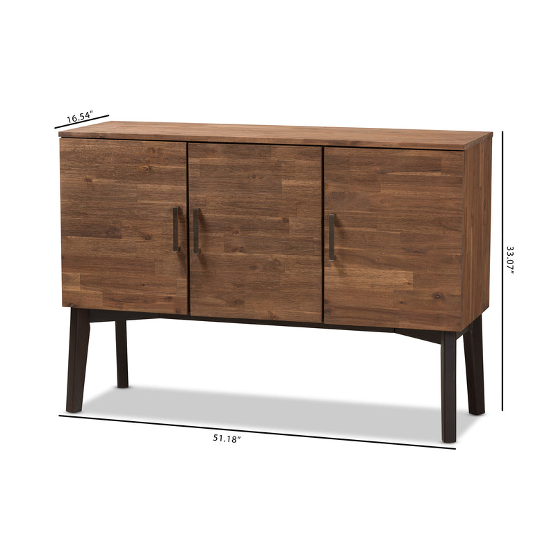 Selena Mid-Century Modern Sideboard Buffet Brown Wood 3-Door Storage Cabinet for Dining or Living Room