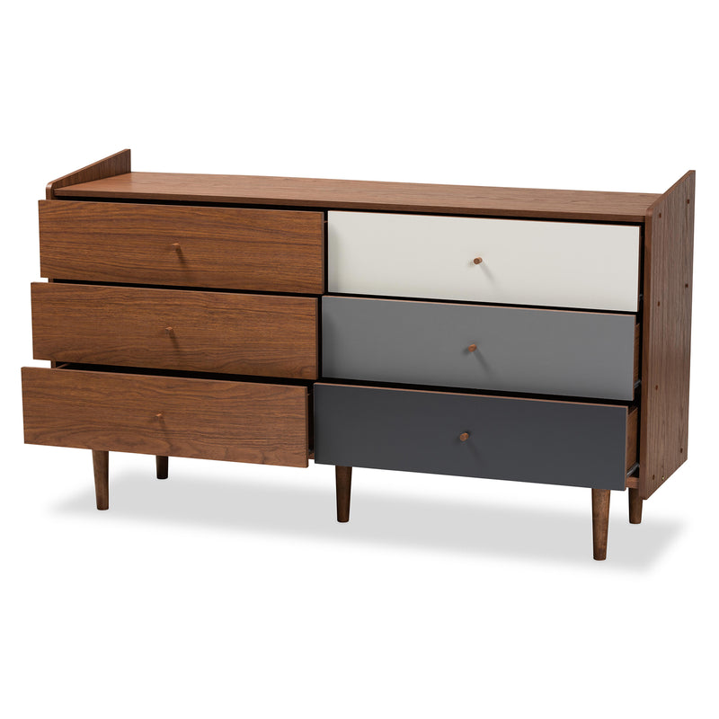 Halden Mid-Century Modern 6-Drawer Dresser in Multicolor Walnut Brown and Grey, Stylish Storage for Bedroom or Living Room