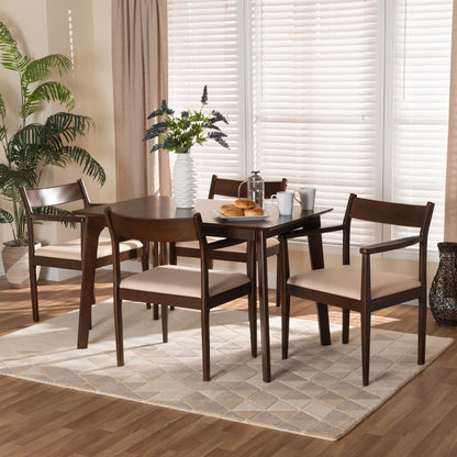 Coretta Dining Set Mid-Century Modern Cream Fabric and Dark Brown Finished Wood 5-Piece