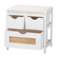 Bastian Storage Bench - Modern Light Beige Fabric with White Wood, 3 Drawers and Natural Rattan Accents for Stylish Organization