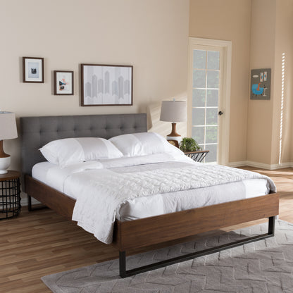 Mitchell Platform Bed - Rustic Industrial Walnut Wood with Grey Fabric and Dark Bronze Metal