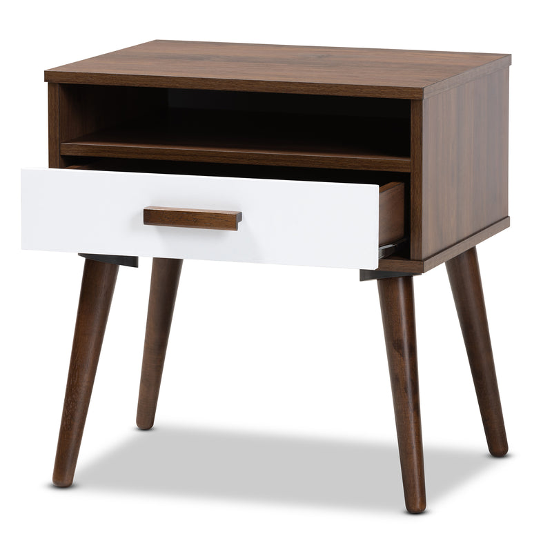 Quinn Mid-Century Modern End Table - Two-Tone White and Walnut Wood with 1 Drawer for Stylish Living Room Storage