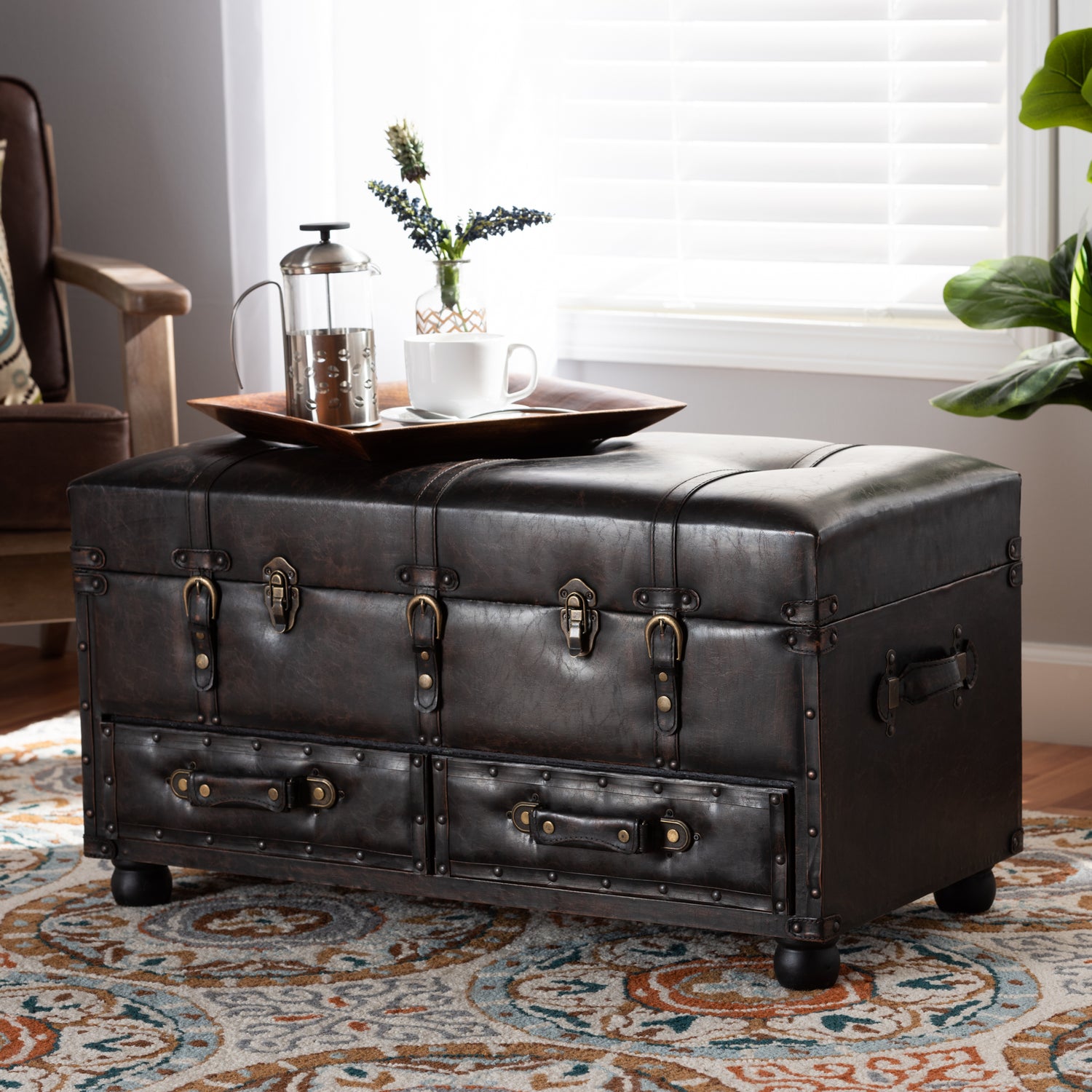 Callum Storage Trunk Ottoman Modern Transitional Distressed Dark Brown Faux Leather with 2 Drawers for Stylish Organization and Comfort