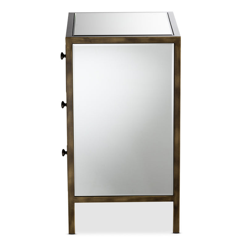 Nouria Mirrored End Table Modern Contemporary Hollywood Regency Glamour with 3 Drawers for Elegant Bedroom or Living Room Storage