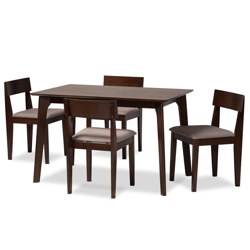 Camilla Dining Set Mid-Century Modern 5-Piece Warm Grey Fabric Dark Brown Finished Wood