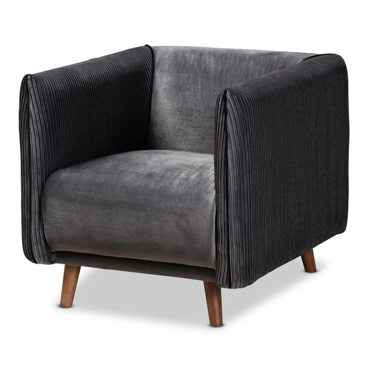 Beacher Armchair: Modern Grey Velvet Upholstered Design with Walnut Brown Finished Wood Frame